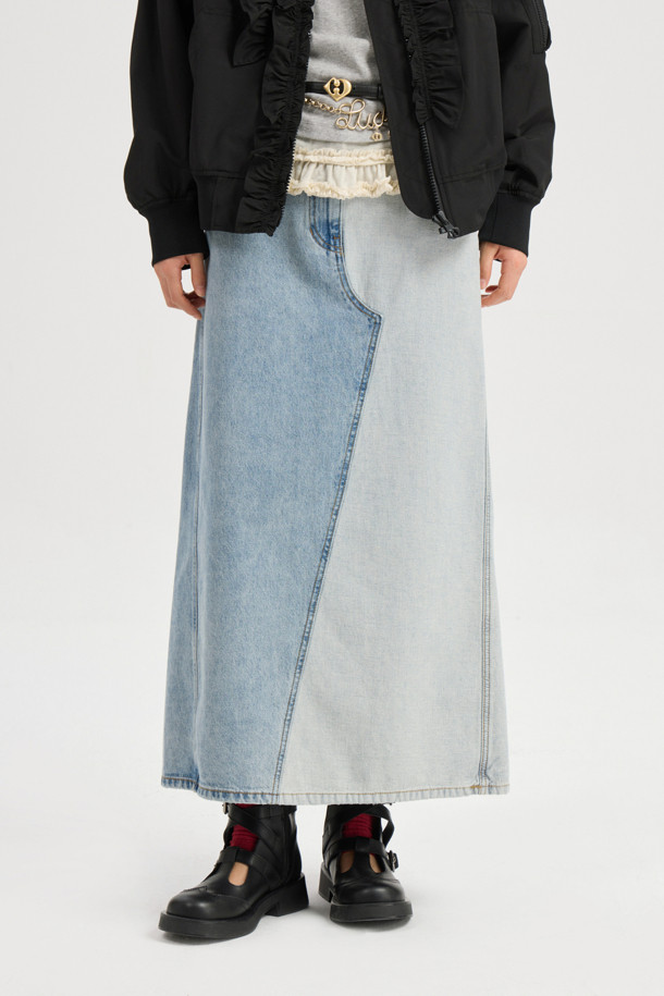 LUCKY CHOUETTE - 롱스커트 - Back Banding Color Block Long Denim Skirt (blue)