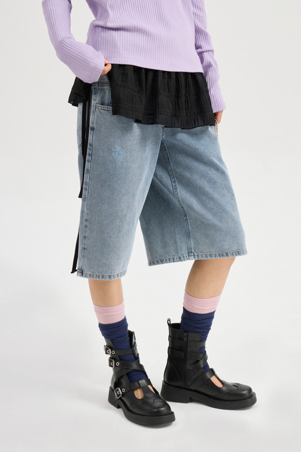 LUCKY CHOUETTE - 롱/미디팬츠 - Color Block Bermuda Denim Pants (blue)