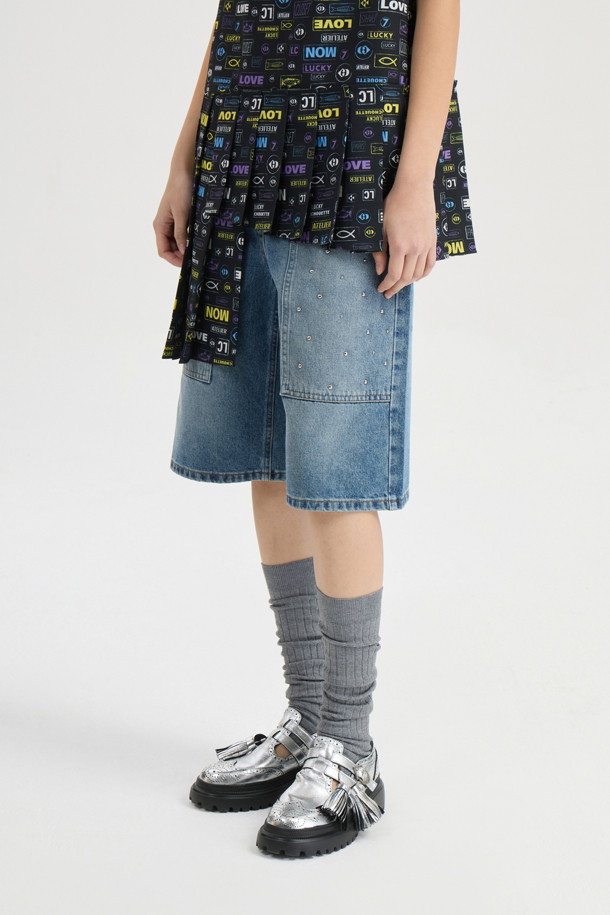 LUCKY CHOUETTE - 데님 - [Atelier] Studded Denim Shorts (blue)