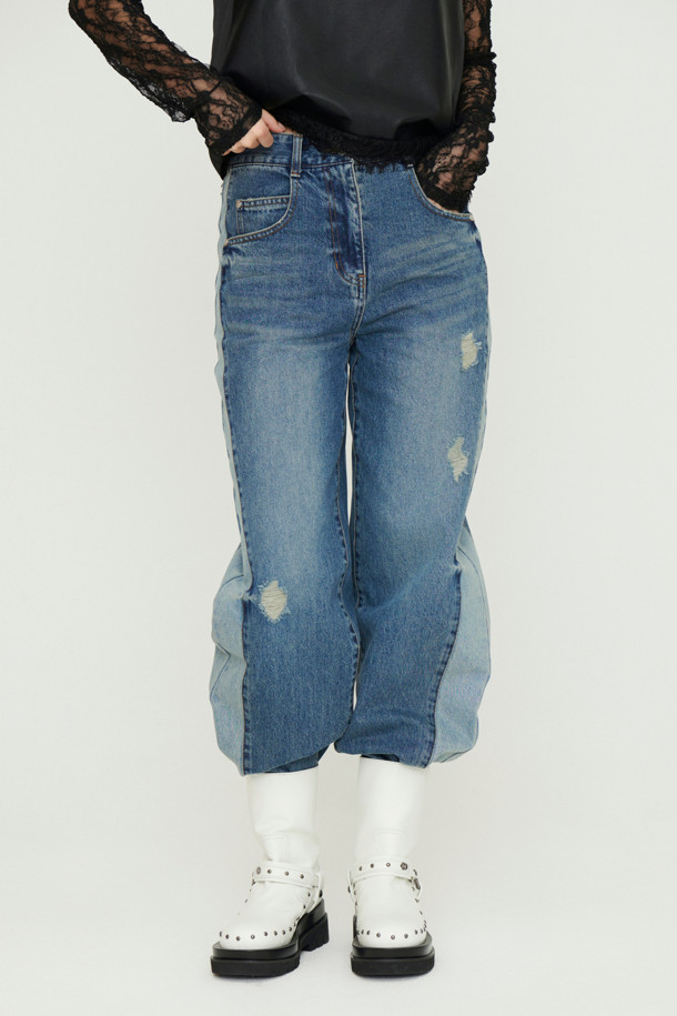 LUCKY CHOUETTE - 롱/미디팬츠 - Waist Coloring Cocoon Fit Denim Pants (blue)