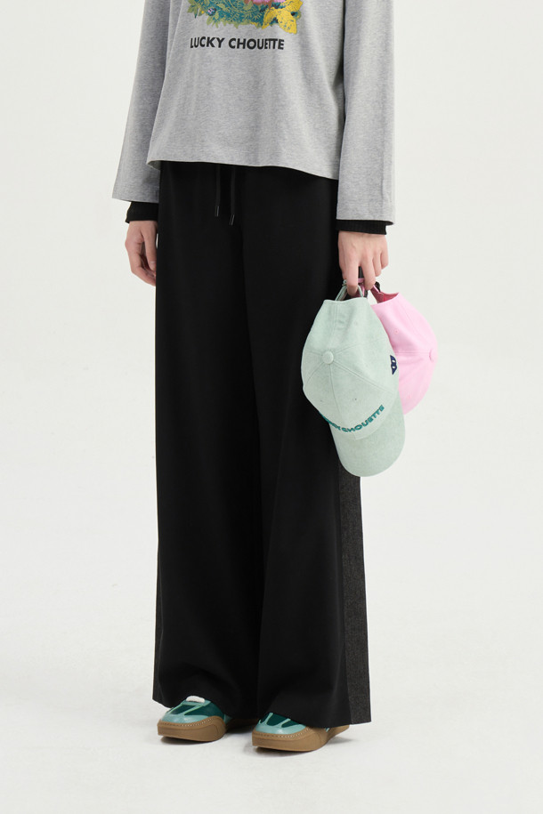 LUCKY CHOUETTE - 롱/미디팬츠 - Waist Color Banding Wide Pants (black)