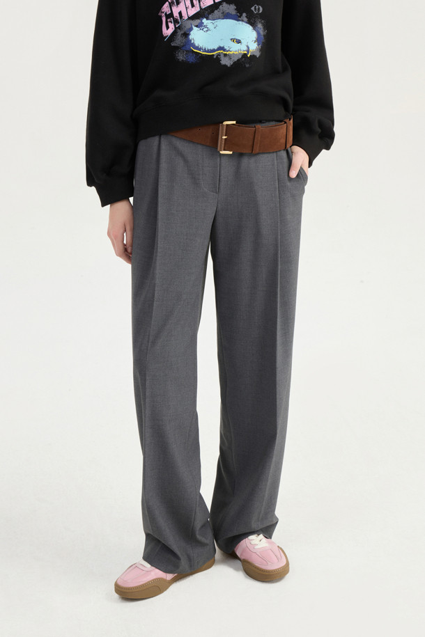 LUCKY CHOUETTE - 롱/미디팬츠 - Sideband Pintuck Wide Pants (grey)