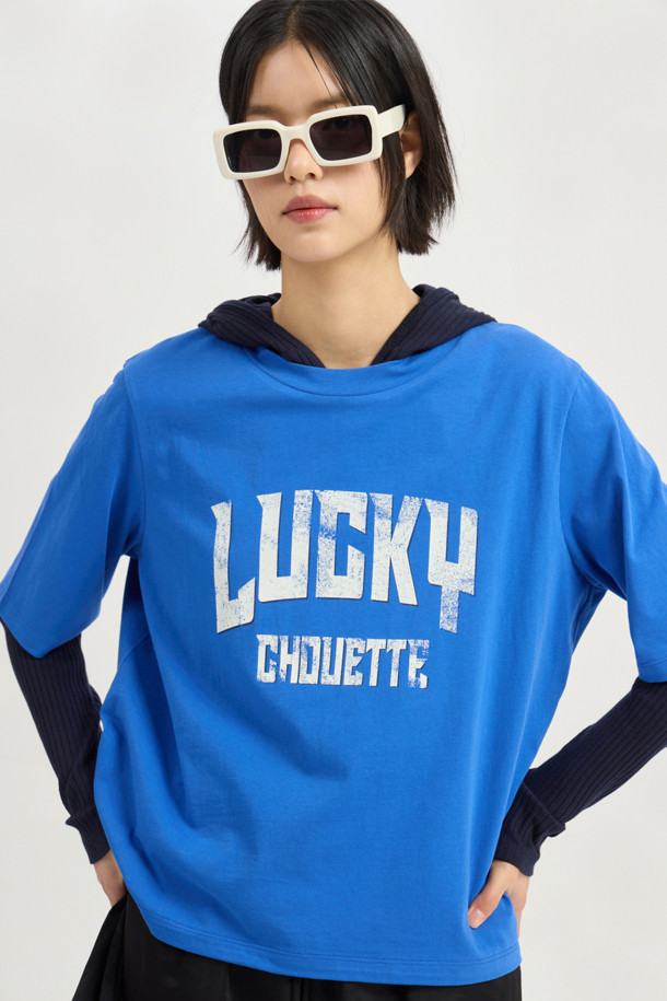 LUCKY CHOUETTE - 반소매 티셔츠 - Lucky Lettering Loose Fit Half Sleeve T-shirt (blue)