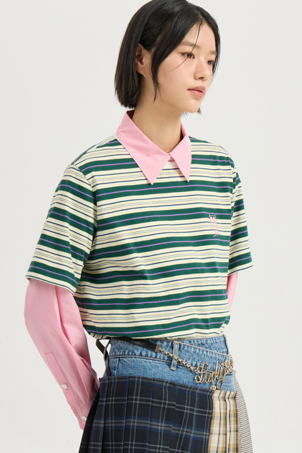 LUCKY CHOUETTE - 반소매 티셔츠 - Embroidery Point Stripe Half Sleeve T-shirt (green)