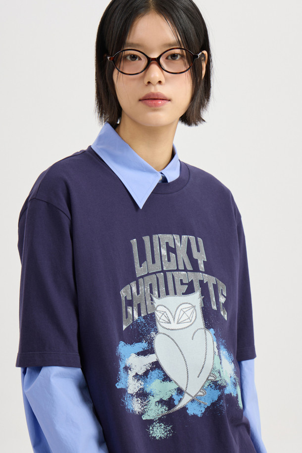 LUCKY CHOUETTE - 반소매 티셔츠 - Print Point Loose Fit Half Sleeve T-shirt (navy)