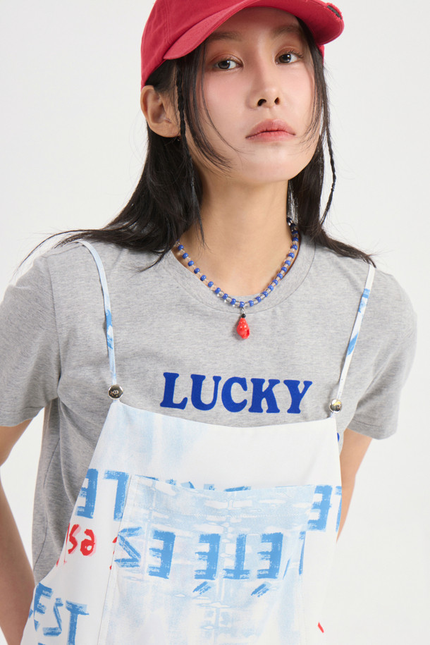 LUCKY CHOUETTE - 반소매 티셔츠 - [Re-Order] Lettering Point Slim Fit Half Sleeve T-shirt (melange grey)