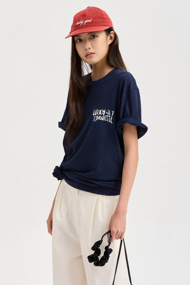 LUCKY CHOUETTE - 반소매 티셔츠 - Back Print Loose Fit Half Sleeve T-shirt (navy)