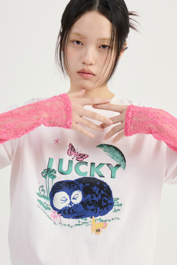 LUCKY CHOUETTE - 긴소매 티셔츠 - [Atelier] Lace Slim Fit Long-Sleeved T-shirt (pink)