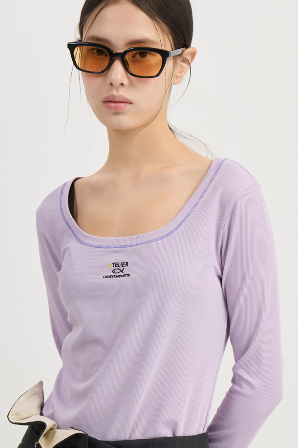 LUCKY CHOUETTE - 긴소매 티셔츠 - [Atelier] U-neck Ribbed Slim Fit Long Sleeve T-shirt (violet)