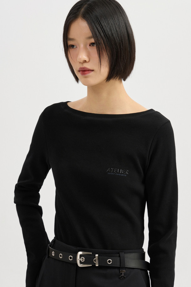 LUCKY CHOUETTE - 긴소매 티셔츠 - [Atelier] Boat Neck Ribbed Slim Fit Long Sleeve T-shirt (black)