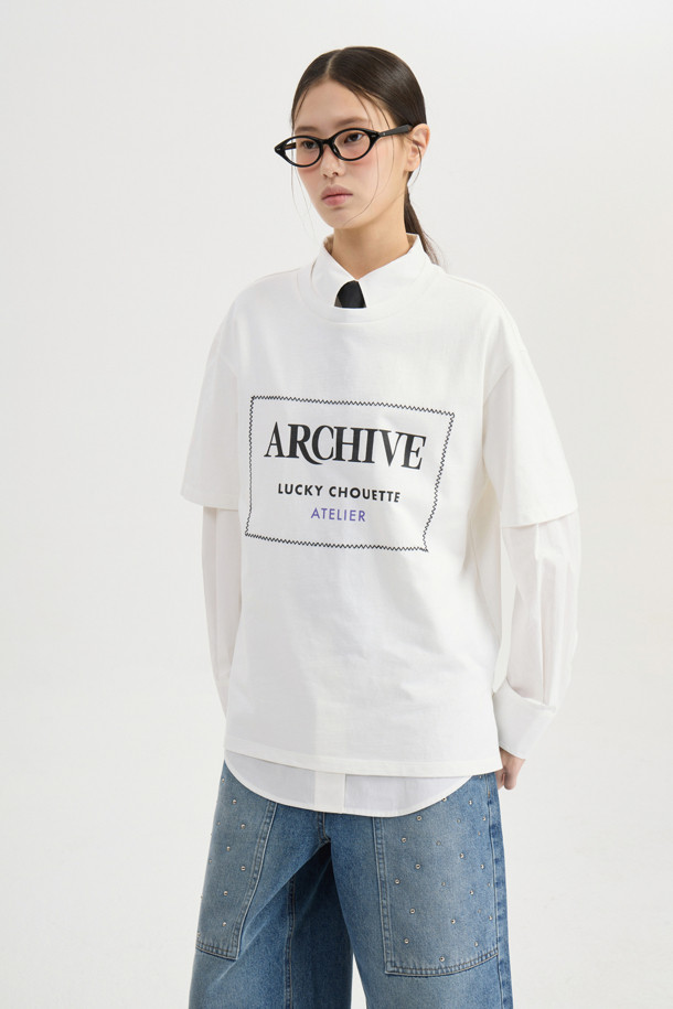 LUCKY CHOUETTE - 반소매 티셔츠 - [Atelier] Lettering Point Half Sleeve T-shirt (ivory)