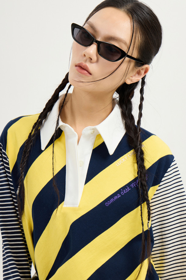 LUCKY CHOUETTE - 긴소매 티셔츠 - Stripe Mix Collar Long Sleeve T-shirt (yellow)