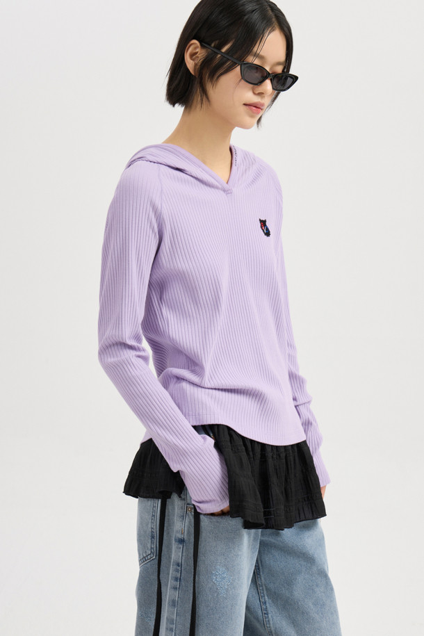 LUCKY CHOUETTE - 후디 - [Re-Order] Embroidered Point Rib Hooded T-shirt (violet)