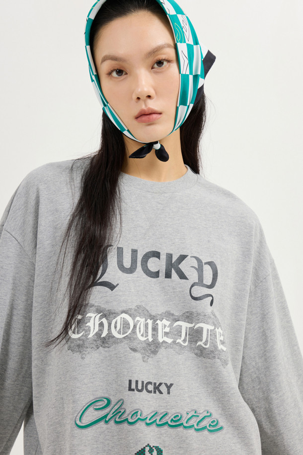 LUCKY CHOUETTE - 긴소매 티셔츠 - Print Point Long Length Long-Sleeved T-Shirt (melange grey)