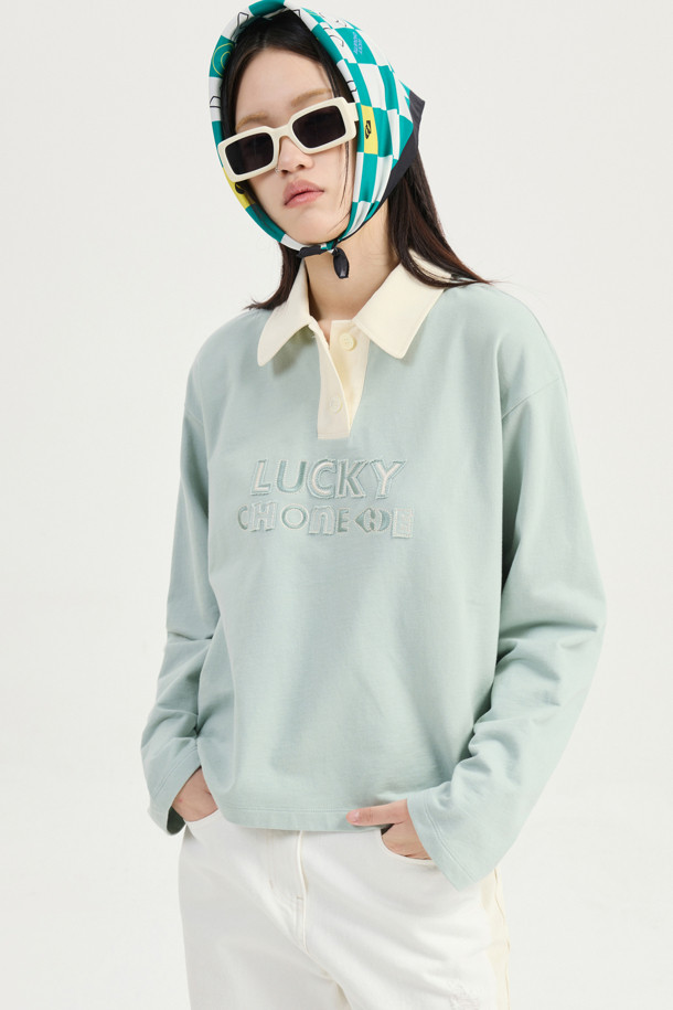 LUCKY CHOUETTE - 긴소매 티셔츠 - Embroidered Point Collar Long-sleeved T-shirt (mint)