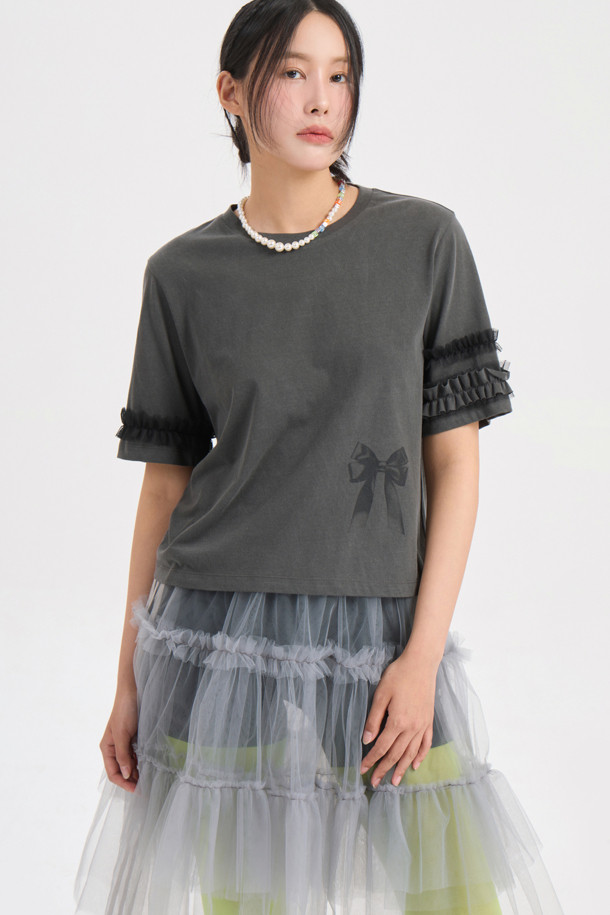 LUCKY CHOUETTE - 반소매 티셔츠 - Frill Half Sleeve T-shirt (dark grey)