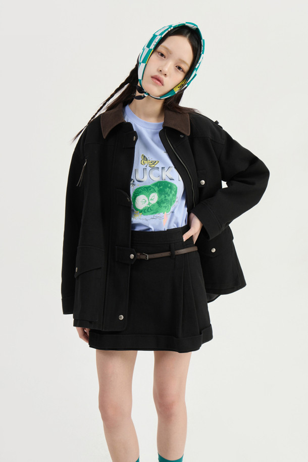 LUCKY CHOUETTE - 점퍼 - [인플루언서 @sumigeem PICK] Collar Coloring Work Jumper (dark black)