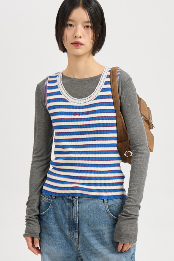 LUCKY CHOUETTE - 스웨터 - Stripe Knit Sleeveless Pullover (blue)