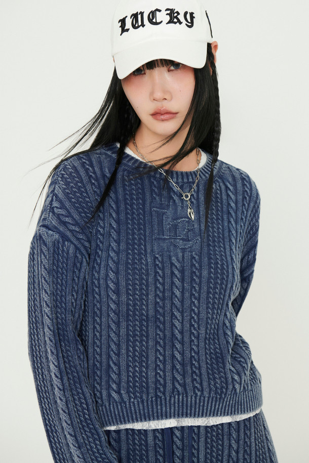 LUCKY CHOUETTE - 스웨터 - Washed Cable Knit Pullover (grey)