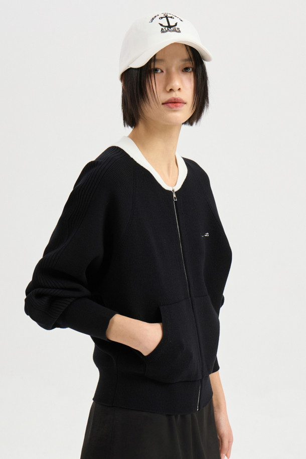 LUCKY CHOUETTE - 가디건 - Slim Fit Zip up Knit Cardigan (black)