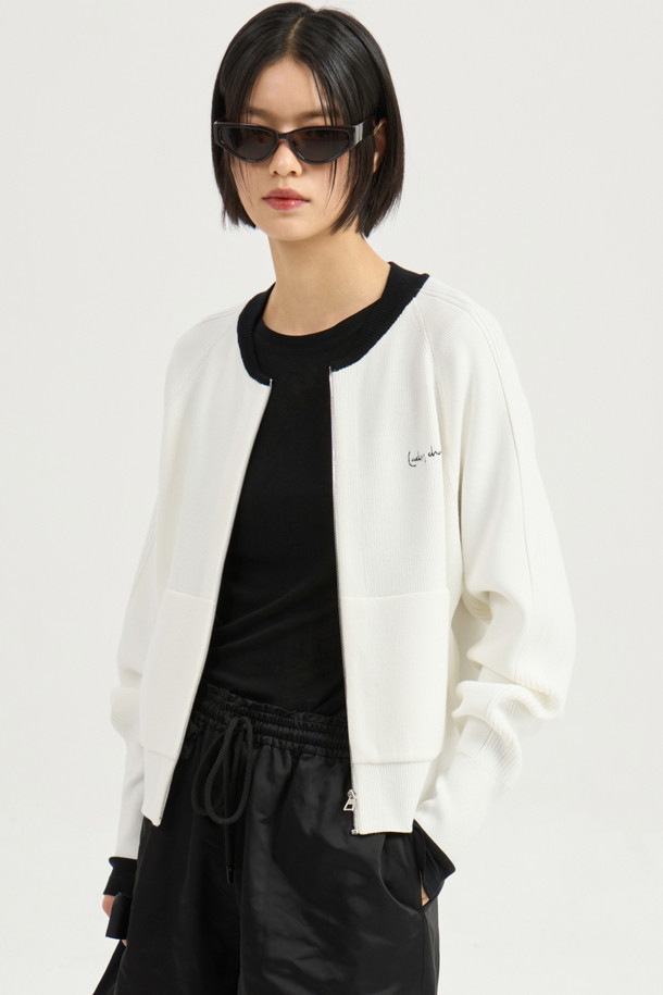 LUCKY CHOUETTE - 가디건 - Slim Fit Zip up Knit Cardigan (ivory)