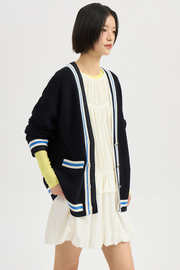 LUCKY CHOUETTE - 가디건 - Color Line Back Lettering Knit Cardigan (dark navy)