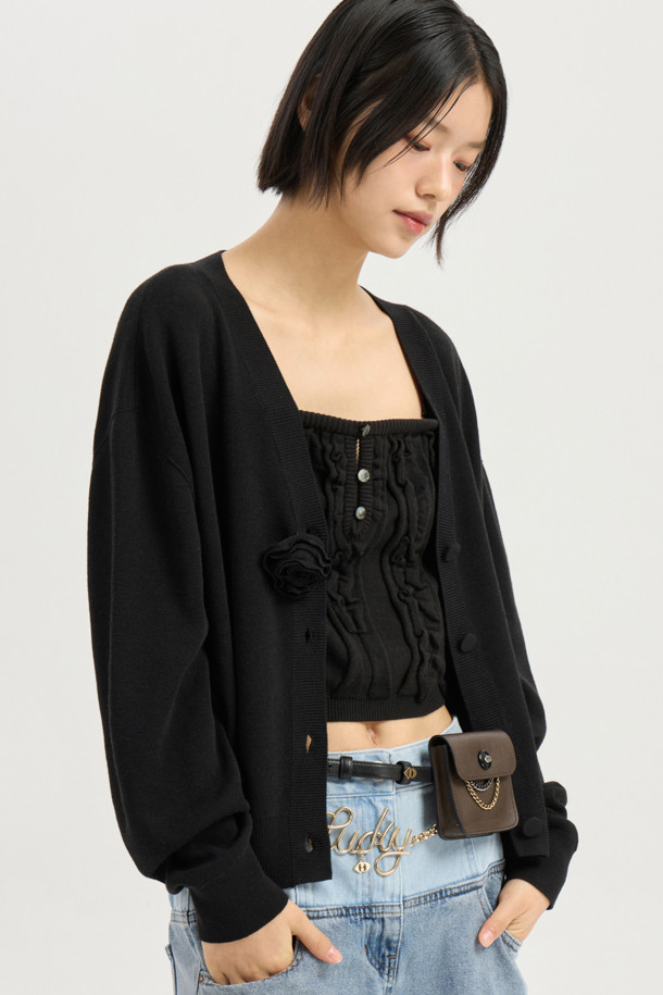 LUCKY CHOUETTE - 가디건 - Double Emblem Embroidery V Neck Knit Cardigan (black)