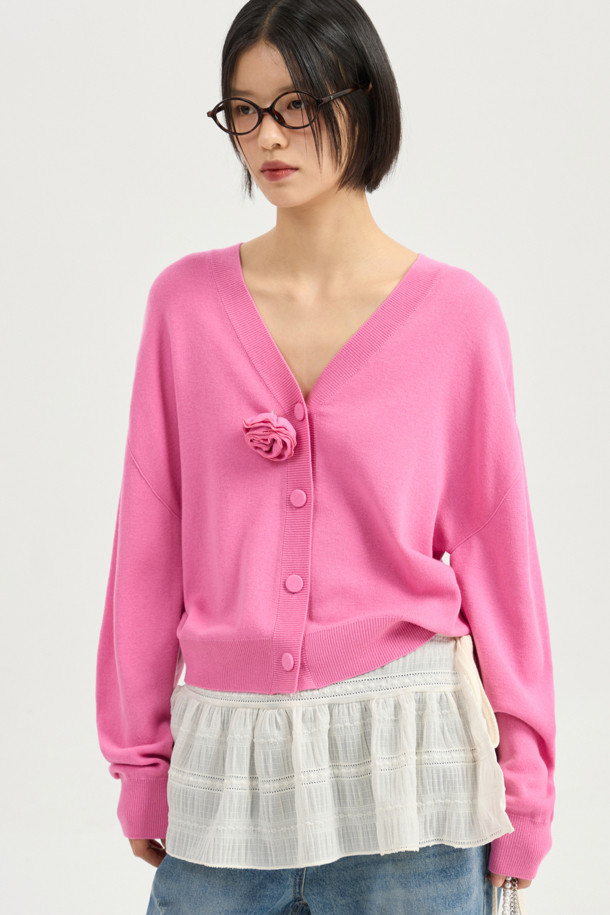 LUCKY CHOUETTE - 가디건 - Double Emblem Embroidery V Neck Knit Cardigan (pink)