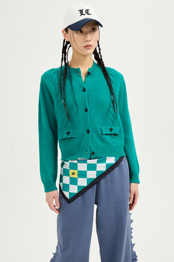 LUCKY CHOUETTE - 가디건 - Back Lucky Lettering Knit Cardigan (green)