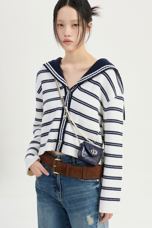 LUCKY CHOUETTE - 가디건 - Stripe Crop Knit Cardigan (ivory)