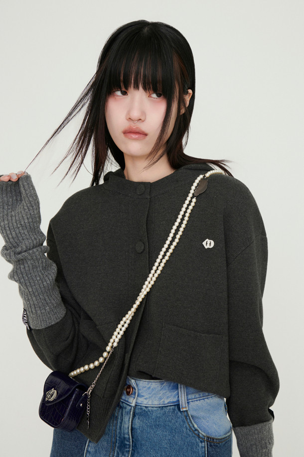 LUCKY CHOUETTE - 가디건 - Detachable Hooded Round Neck Knit Cardigan (dark grey)