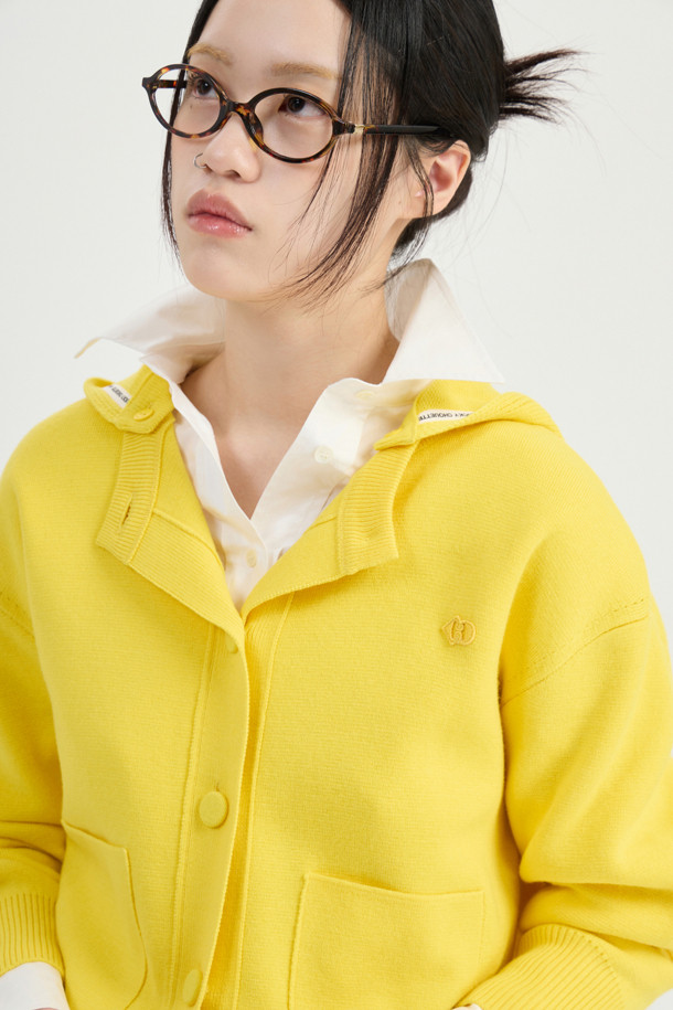 LUCKY CHOUETTE - 가디건 - Detachable Hooded Round Neck Knit Cardigan (yellow)