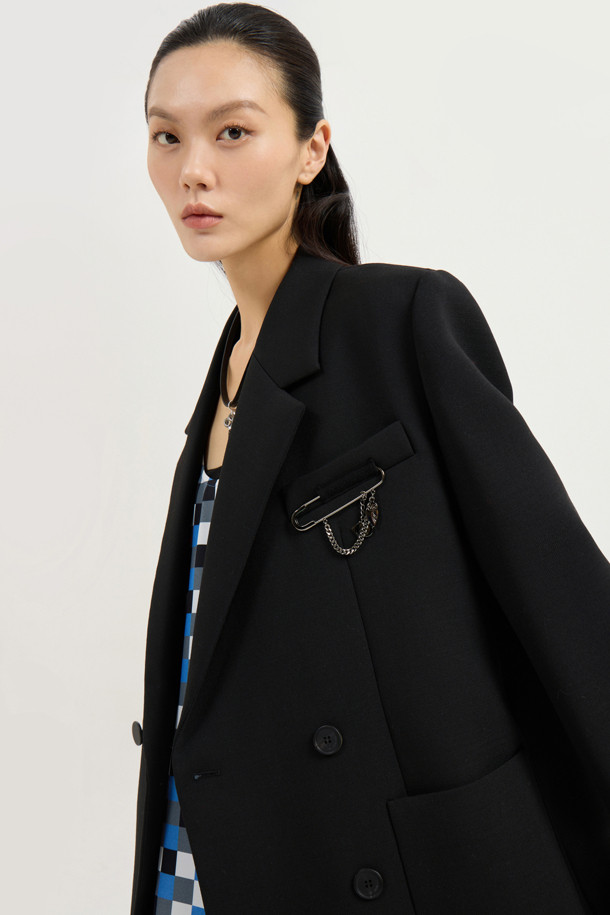 LUCKY CHOUETTE - 자켓 - Solid Brooch Double Jacket (dark black)