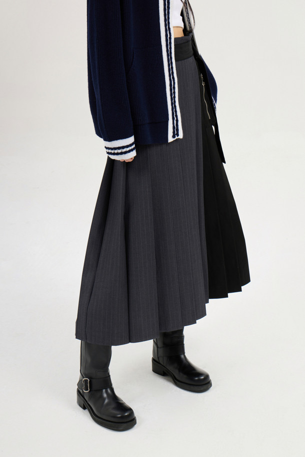 LUCKY CHOUETTE - 롱스커트 - Solid Stripe MIX Pleated Long Skirt (black)