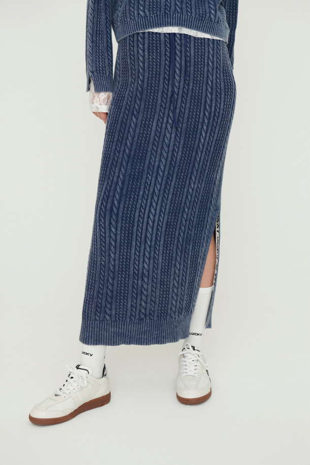 LUCKY CHOUETTE - 롱스커트 - Washed Cable Knit Skirt (grey)