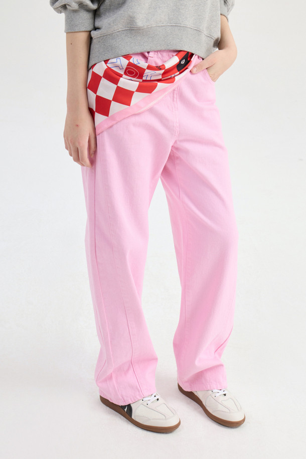 LUCKY CHOUETTE - 롱/미디팬츠 - Waist Coloring Cocoon Fit Denim Pants (pink)