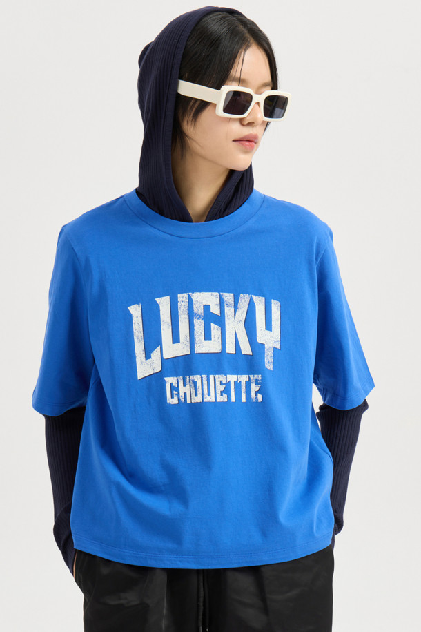 LUCKY CHOUETTE - 반소매 티셔츠 - Lucky Lettering Loose Fit Half Sleeve T-shirt (blue)