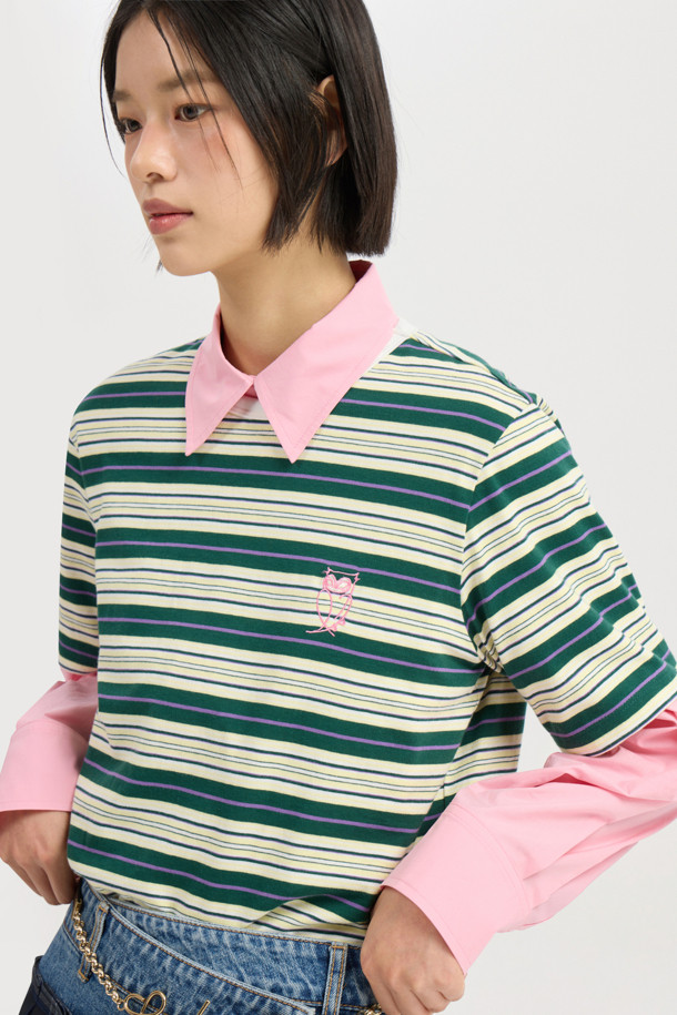 LUCKY CHOUETTE - 반소매 티셔츠 - Embroidery Point Stripe Half Sleeve T-shirt (green)