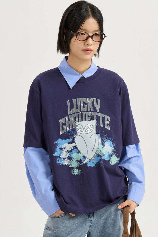 LUCKY CHOUETTE - 반소매 티셔츠 - Print Point Loose Fit Half Sleeve T-shirt (navy)