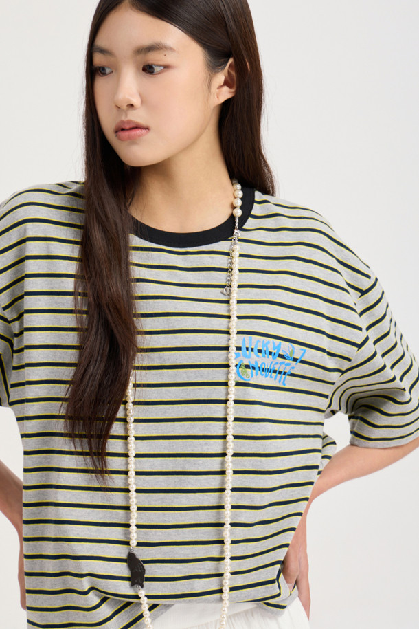 LUCKY CHOUETTE - 반소매 티셔츠 - Stripe Crop Half Sleeve T-shirt (melange grey)