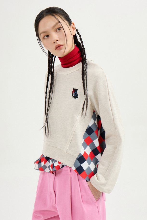 LUCKY CHOUETTE - 스웻셔츠 - Checkered Print Color Sweatshirt (oatmeal)