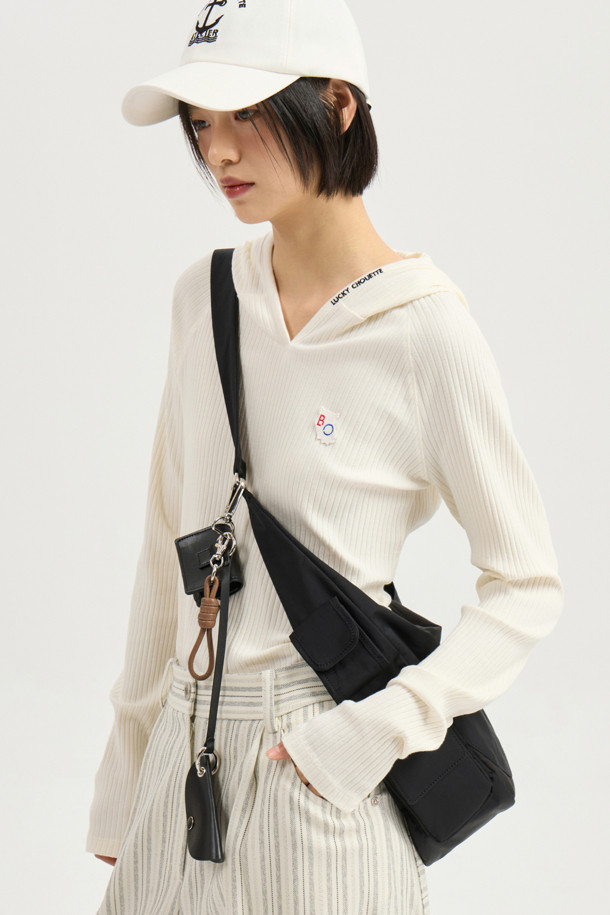 LUCKY CHOUETTE - 후디 - [Re-Order] Embroidered Point Rib Hooded T-shirt (light ivory)