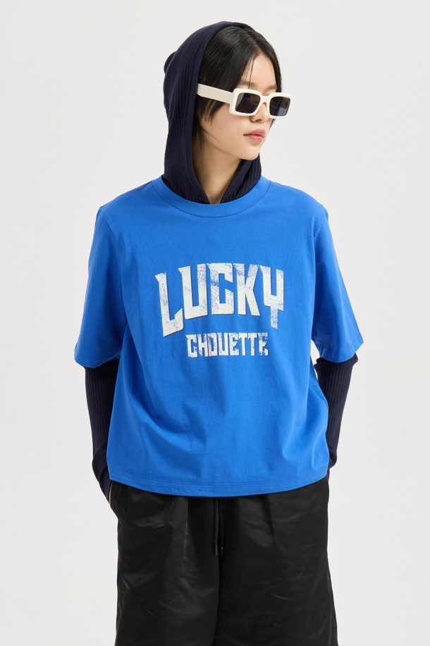 LUCKY CHOUETTE - 후디 - [Re-Order] Embroidered Point Rib Hooded T-shirt (navy)