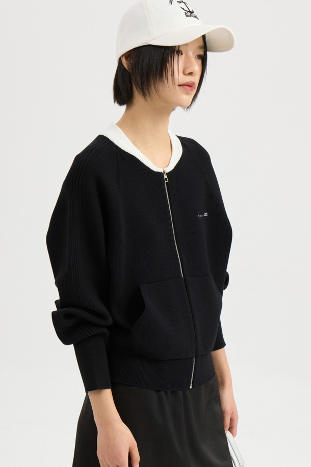 LUCKY CHOUETTE - 가디건 - Slim Fit Zip up Knit Cardigan (black)