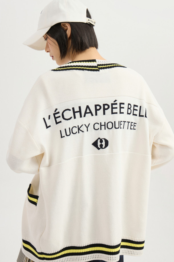 LUCKY CHOUETTE - 가디건 - Color Line Back Lettering Knit Cardigan (ivory)