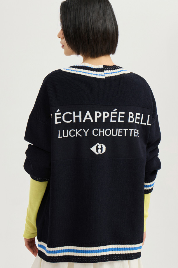 LUCKY CHOUETTE - 가디건 - Color Line Back Lettering Knit Cardigan (dark navy)