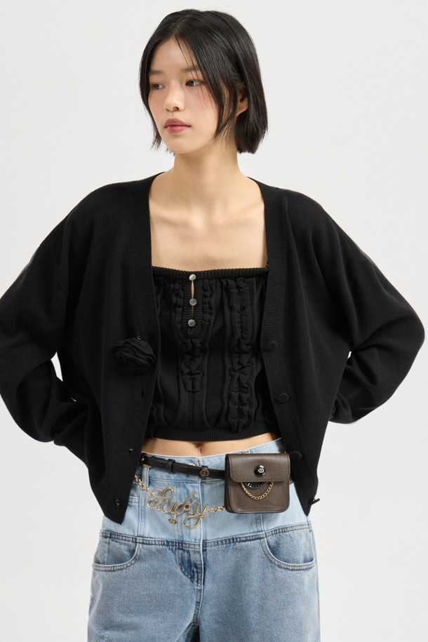 LUCKY CHOUETTE - 가디건 - Double Emblem Embroidery V Neck Knit Cardigan (black)