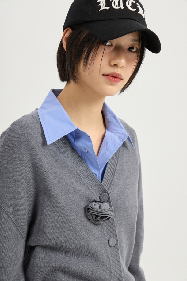 LUCKY CHOUETTE - 가디건 - Double Emblem Embroidery V Neck Knit Cardigan (melange grey)