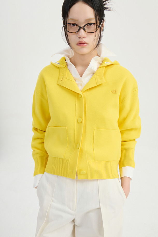 LUCKY CHOUETTE - 가디건 - Detachable Hooded Round Neck Knit Cardigan (yellow)