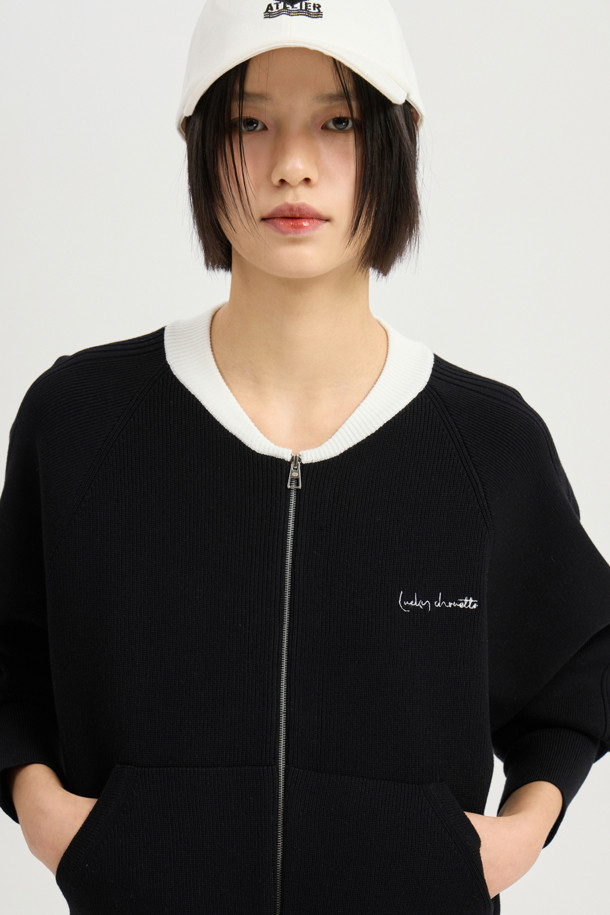 LUCKY CHOUETTE - 가디건 - Slim Fit Zip up Knit Cardigan (black)